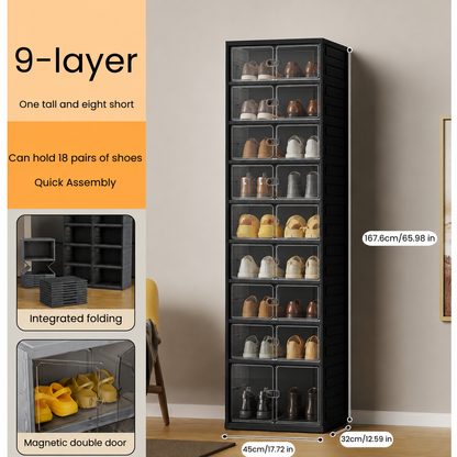 9-Tier Foldable Shoe Rack Organizer with Clear Doors, Stackable Plastic Shoe Storage Cabinet, Easy Assembly Dustproof Shoe Boxes Display Shelf for Entryway, Bedroom, Closet and Store Display